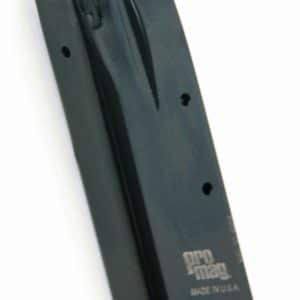 Black ProMag handgun magazine with a curved body and base plate, labeled Made in USA.