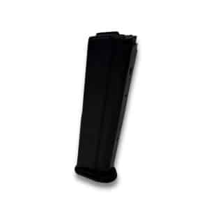 Black handgun magazine standing vertically on a white background