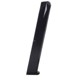 Black handgun magazine standing upright with a small baseplate