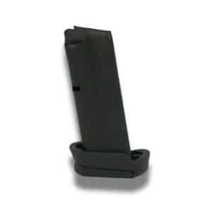 Black handgun magazine standing upright on a white background, showing the base plate at the bottom.