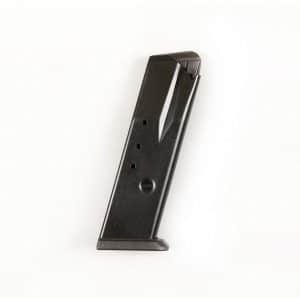 Black handgun magazine standing upright on a white background, showing feed lips at the top.