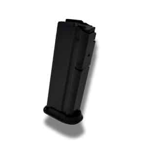 Black handgun magazine with a curved baseplate, standing upright on a white background.