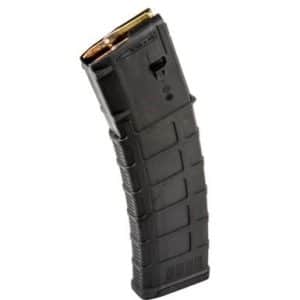 Black curved 30-round rifle magazine with metal feed lips for an AR-style rifle