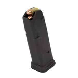 Black handgun magazine loaded with copper-colored bullets visible at the open top.
