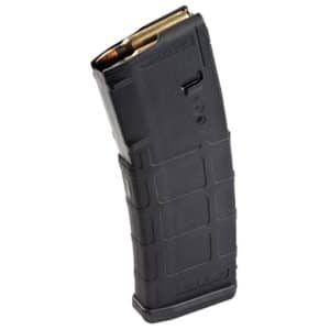 Detachable black rifle magazine with bullets visible at the top and a curved body.