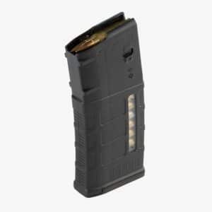 Black detachable rifle magazine partially loaded with visible rounds, standing upright at an angle