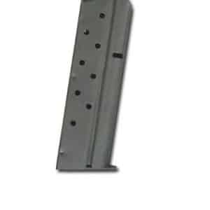 Metal handgun magazine with round-count holes along the side, angled upward