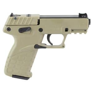 Side view of a tan Kel-Tec P17 22LR semi-automatic pistol showing grip, trigger, and rear sight rail details.