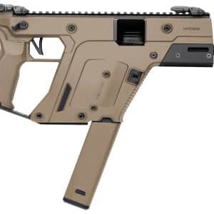 Side view of a tan Kriss Vector firearm with top rail and a detachable magazine well visible on the lower receiver.