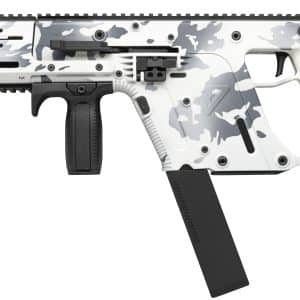 Assault rifle with white/gray camouflage, Picatinny rails, pistol grip, and a black magazine.