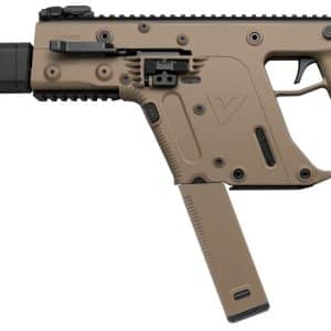 Tan Kriss Vector-style bullpup rifle with a black suppressor and attached optics on a white background