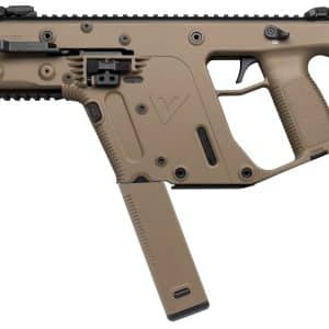 Tan KRISS Vector-style compact submachine gun shown from the side, with a 30-round magazine inserted and a top Picatinny rail.