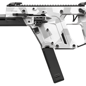 White and gray camouflaged KRISS Vector rifle with black stock and extended magazine rail on a white background.