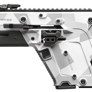 Kriss Vector semi-automatic rifle with white-gray geometric camouflage, black forend and stock, side rails and ergonomic grip