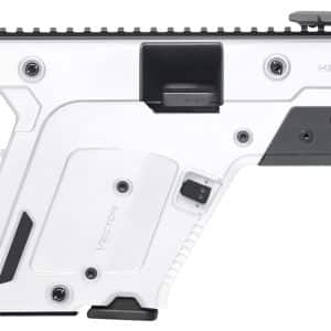 White Kriss Vector–style tactical rifle with a black stock and long gray barrel; modern, modular design.