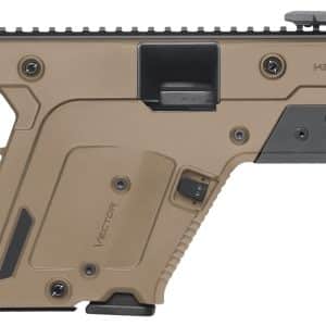 Tan and black KRISS Vector-style rifle with folding stock and long flat-barrel shroud.