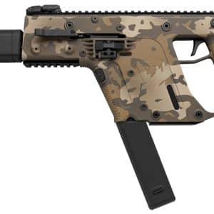 Camouflage-pattern KRISS Vector-style rifle with suppressor, magazine inserted, and a black stock on a white background