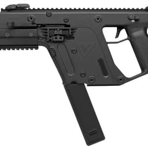 Side view of a black KRISS-style rifle with a long handguard, Picatinny rail, and a curved polymer magazine attached