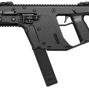 Side view of a compact black rifle (KRISS Vector-style) with magazine, trigger, and textured grip visible