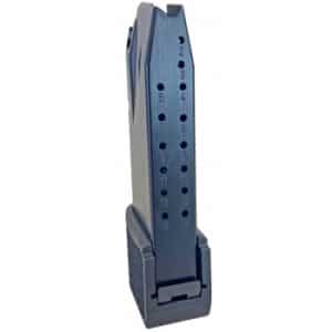Blue handgun magazine with round-count holes along its side and a black baseplate.