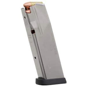 Silver pistol magazine with copper bullets visible at the top, resting on a black baseplate in an upright position.
