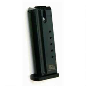 Black handgun magazine standing upright with count holes along the side and a flat base plate (pistol magazine).