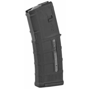 Black polymer rifle magazine for 5.56×45 ammo, with a small translucent window showing rounds.