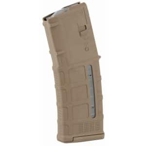 Tan polymer rifle magazine shown at an angle, with the feed lips visible at the top and textured body details