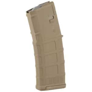 Tan 30-round rifle magazine shown at an angle with feed lips visible and textured body edge markings (informational image).