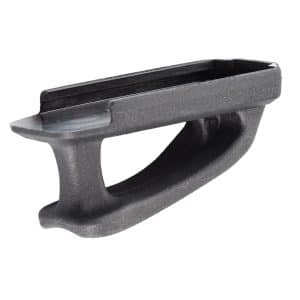 Close-up of a black plastic clamp or vise-like tool with a textured grip and open jaws.