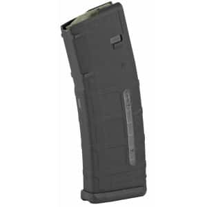Black polymer AR-style rifle magazine with a green follower and a 30-round capacity, viewed at an angle showing the textured body and clear window.