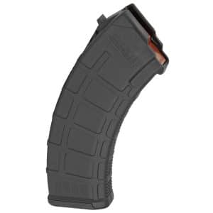 Black polymer curved rifle magazine with textured panels and an orange follower visible at the top, ready for insertion into a firearm.