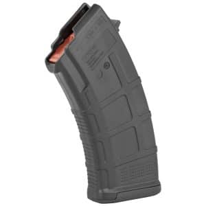 Black polymer pistol magazine with an orange follower visible at the top, shown angled to reveal texture and grip details of the body.