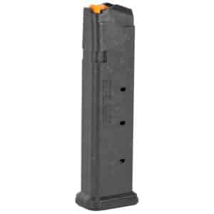 Handgun-style detachable magazine with orange follower visible at the top.