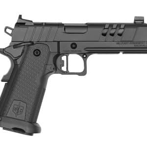 Side view of a black semi-automatic pistol with textured grip and serrated slide, showing trigger guard and safety details