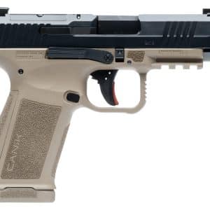 Side view of a tan and black semi-automatic handgun on a white background, showing textured grip and trigger.