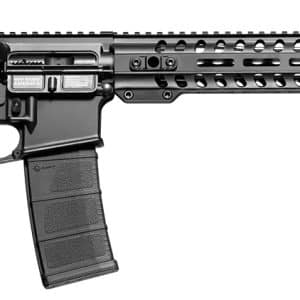 Black semi-automatic rifle with adjustable stock, pistol grip, and a long modular rail handguard with a detached muzzle device.