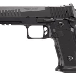 Side profile of a black semi-automatic SIG Sauer P211 handgun with textured grip and rails