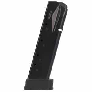Detachable pistol magazine standing upright with a base plate and visible capacity markings (5, 10, 15, 18)