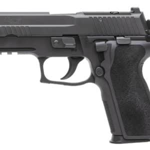 Side view of a black semi-automatic pistol with a textured grip and accessory rail, shown in profile