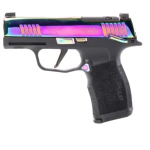 Semi-automatic pistol with a rainbow iridescent slide and black textured grip, shown in side profile on a white background