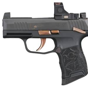 Side view of a black SIG Sauer P365 semi-automatic handgun with copper accents on the sights, trigger, and controls, and a textured grip.