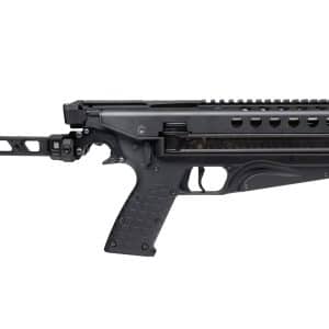 Black modular assault rifle shown in profile with a long quad-rail handguard and folding stock/stock extended to the rear fielded as a product image
