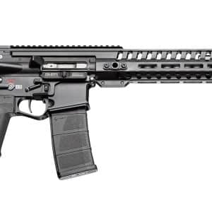 Black modern assault rifle with folding stock, long quad-rail handguard, and detachable magazine
