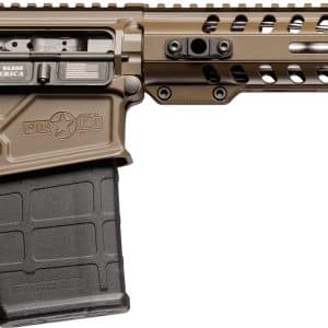 Tan AR-style rifle with collapsible stock, quad-rail handguard, and detachable magazine in profile.