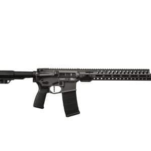 Black semi-automatic rifle with a long quad-rail handguard, adjustable stock, and a high-capacity magazine laid horizontally across the image