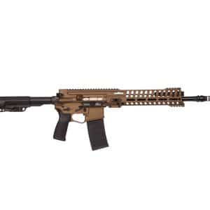 Tan-and-black AR-style rifle with long handguard and magazine on a white background.