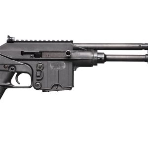 Side view of a black semi-automatic rifle with a long barrel and textured grip on a white background.