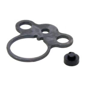 Black bicycle spoke wrench with three hole sizes and a large center opening; comes with a small cap accessory nearby.