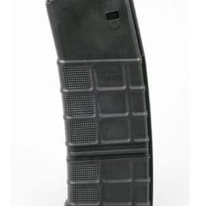 Black polymer rifle magazine standing upright against a white background, with textured grip panels on the sides.